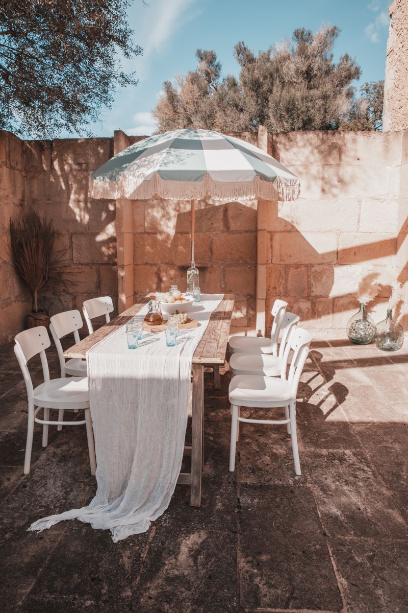 Large retro stripe parasol with fringe, pistachio