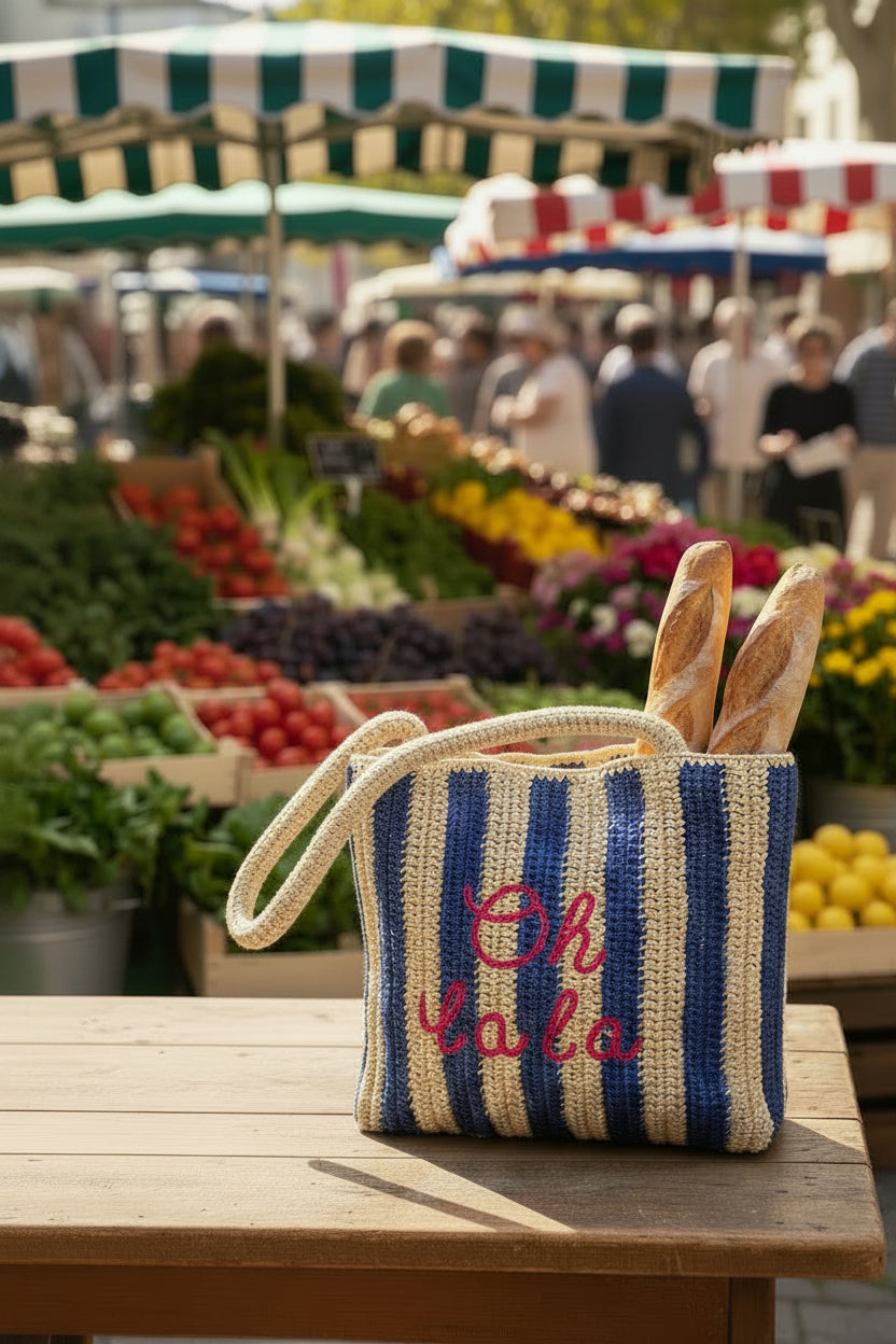 'Oh la la' Blue striped raffia bag with pink embroidery with rustic baguettes inside with a farmer's market in the background