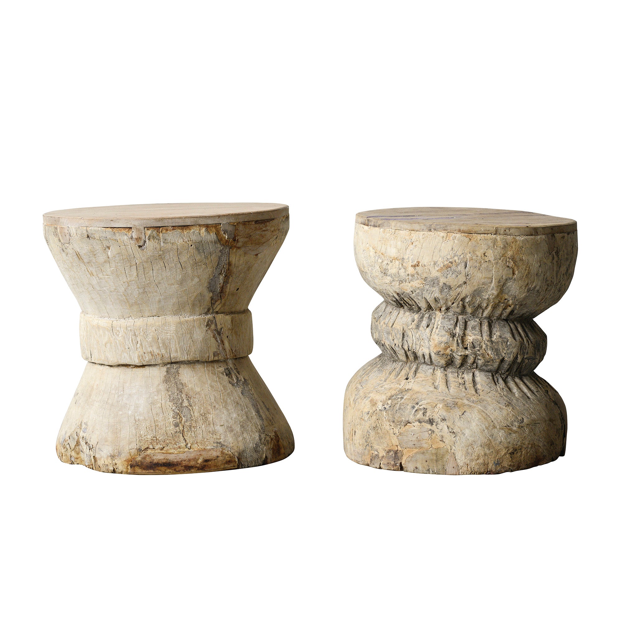 Two rustic stools against white background 