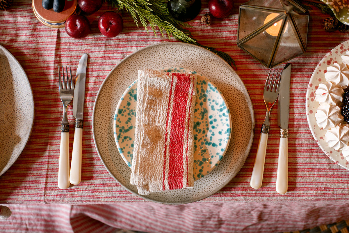 Red Ticking Stripe Linen Tablecloth