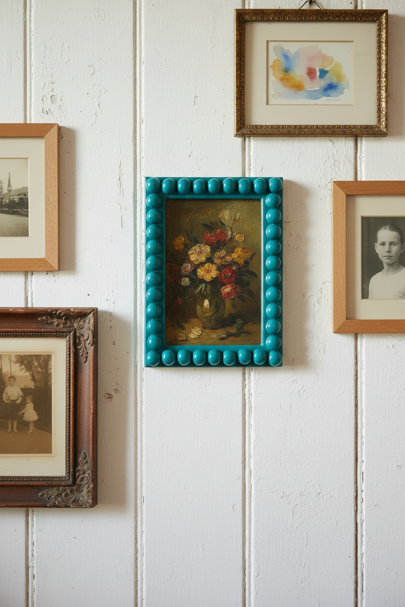 A teal lacquered bobbin framed still life painting with a bright turquoise beaded frame hangs on a white wood-paneled wall alongside other vintage-style framed photographs and artwork.