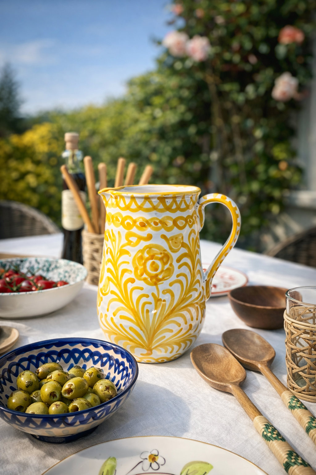 Handmade Spanish pitcher with traditional yellow motif on an outdoor table with breadsticks, splatter bowls of tomatoes and blue painted bowl of olives