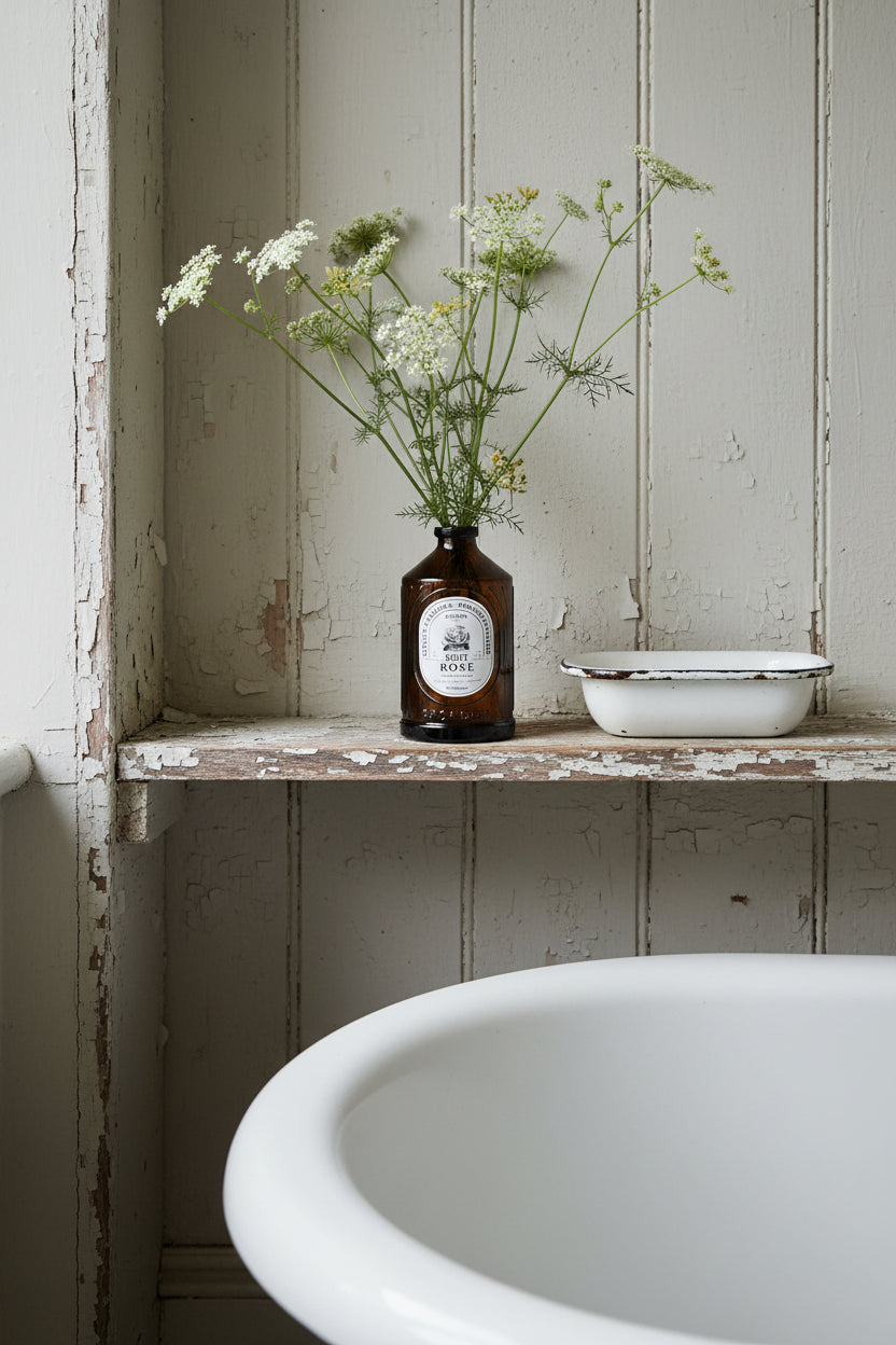 Vintage style bathroom setting with chippy white-painted wall cladding with an artisan brown rose syrup bottle holding some wild flowers sitting on a shelf above a white bath tub