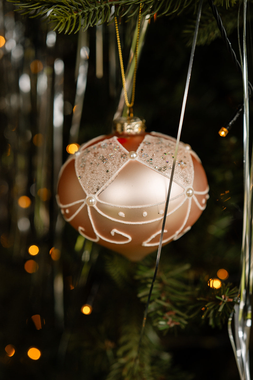 Pink Glass Bauble With White Swag Detail