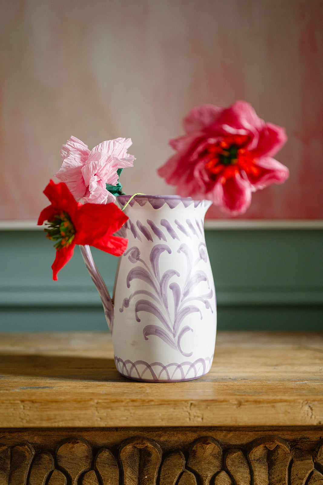 hand painted Spanish ceramic pitcher with lilac motif