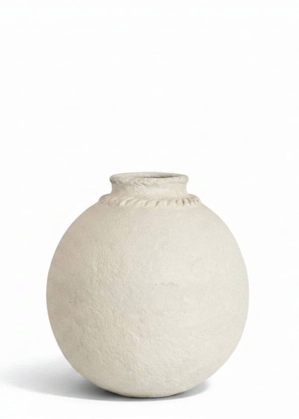 Cream papier-mache textured vase on a white background