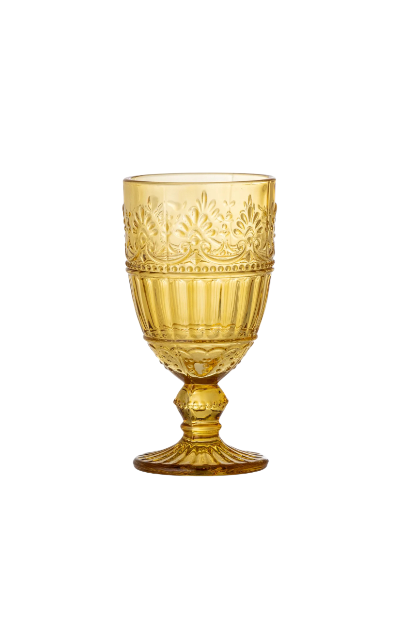 ochre embossed drinking glass with stem