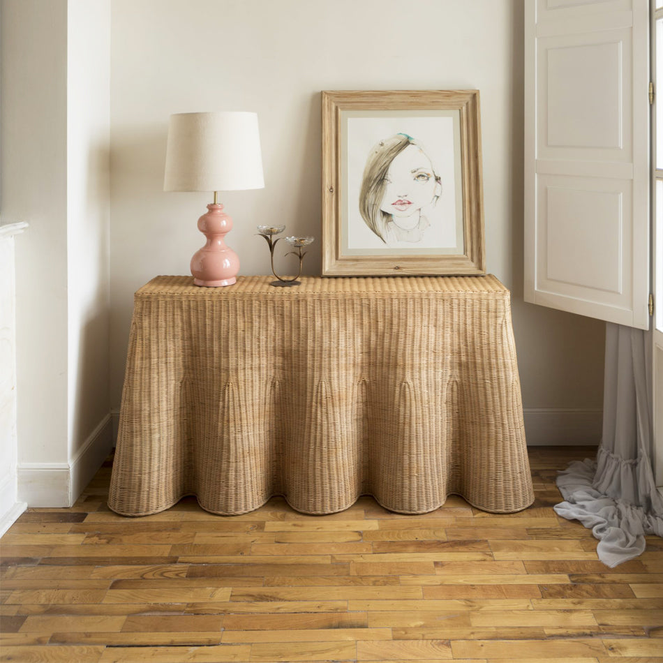 Scalloped Rattan Console Table