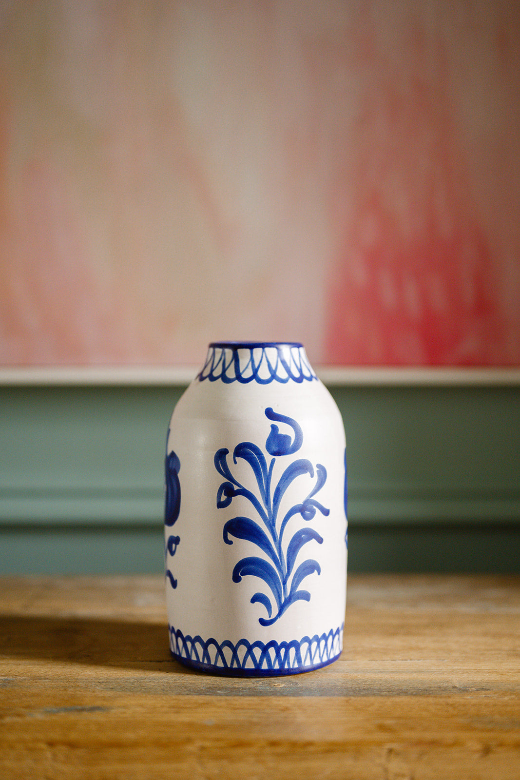 Hand painted Spanish ceramic vase with cobalt blue motif