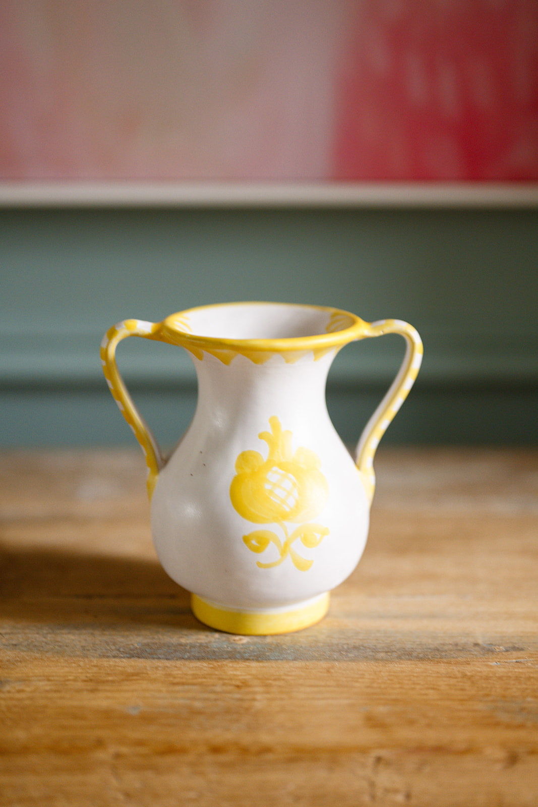 Traditional hand painted Spanish ceramic vase with handles with yellow motif