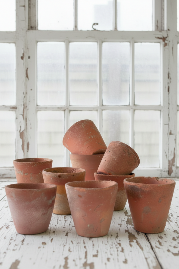 A cluster of vintage terracotta pots on an old white table in an outdoor setting