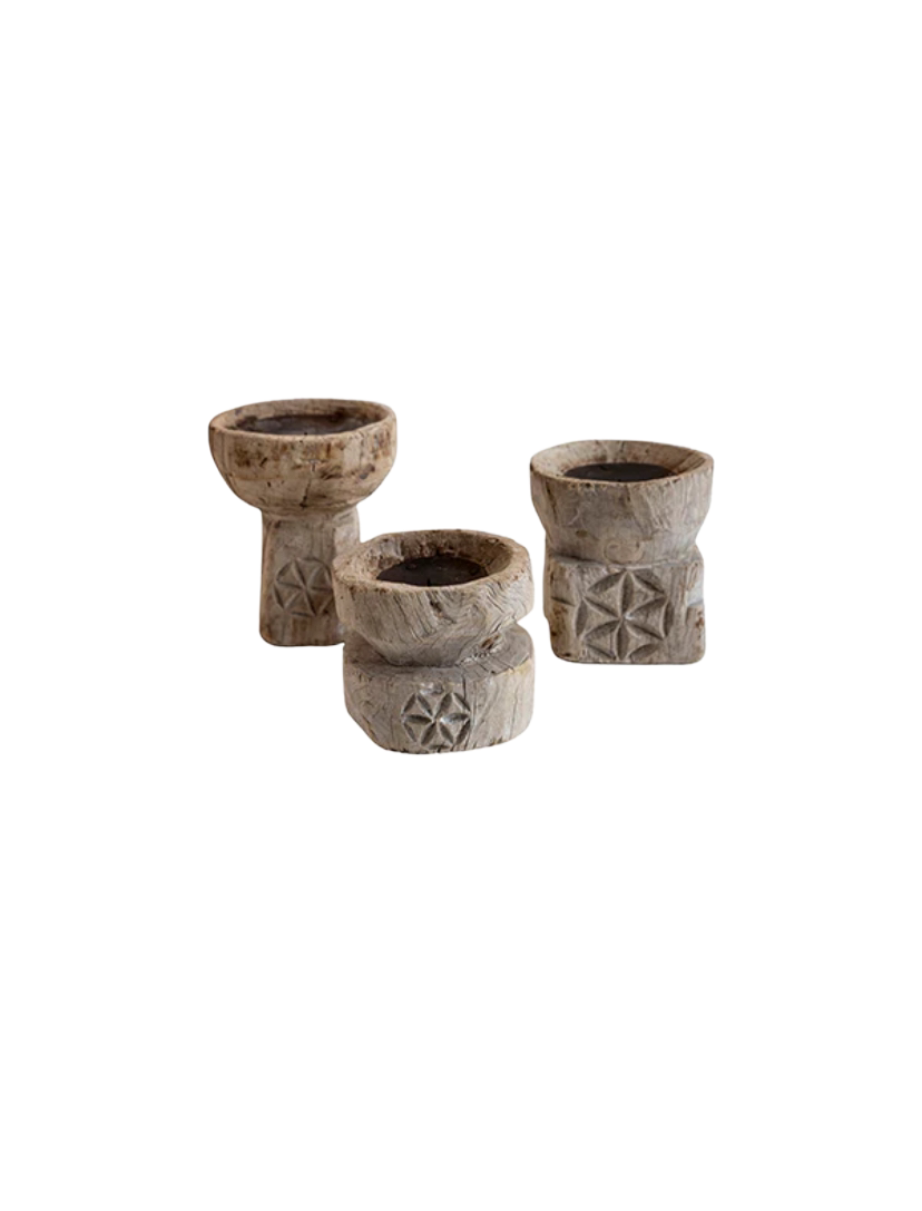 antique indian hand carved seeder candleholders