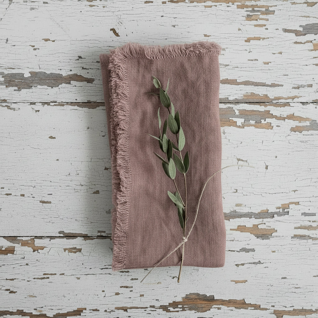 A folded dusty rose linen napkin with frayed edges, styled on top of a round gray plate with a green sprig tied in the center, shot from a top-down view on a distressed white background.
