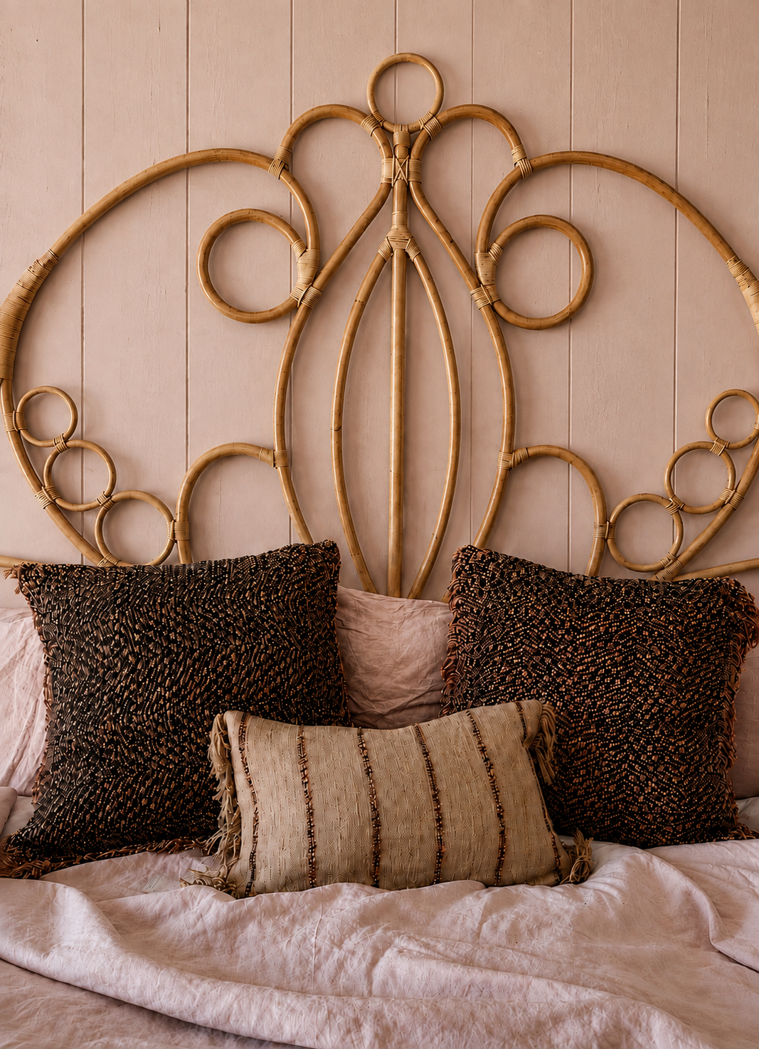 A rustic bohemian-style bed setup featuring a large natural rattan scroll headboard, textured dark black and copper cushions with copper fringes, and a soft blush pink stonewashed linen duvet against a light wood panelled wall.