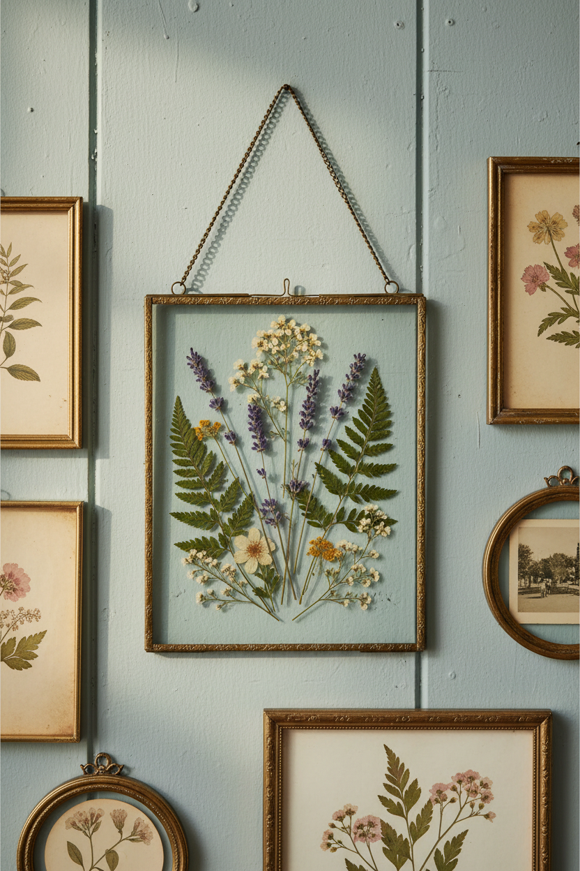 Framed pressed flowers hanging on a duck egg blue panelled wall with other framed botanical illustrations.