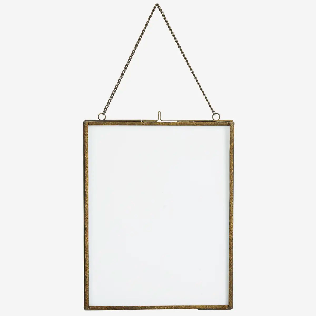 Rectangular aged textured brass frame with chain on a white background