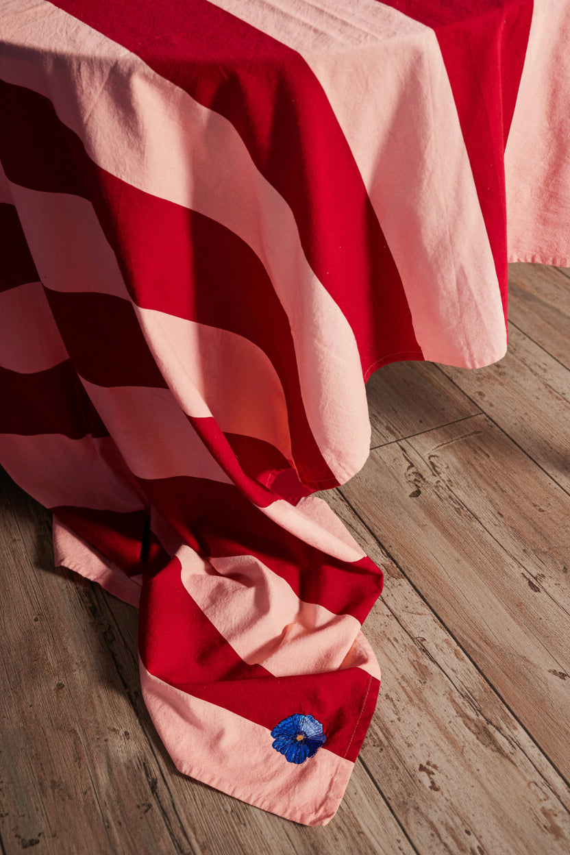 Peach & Red Striped Tablecloth