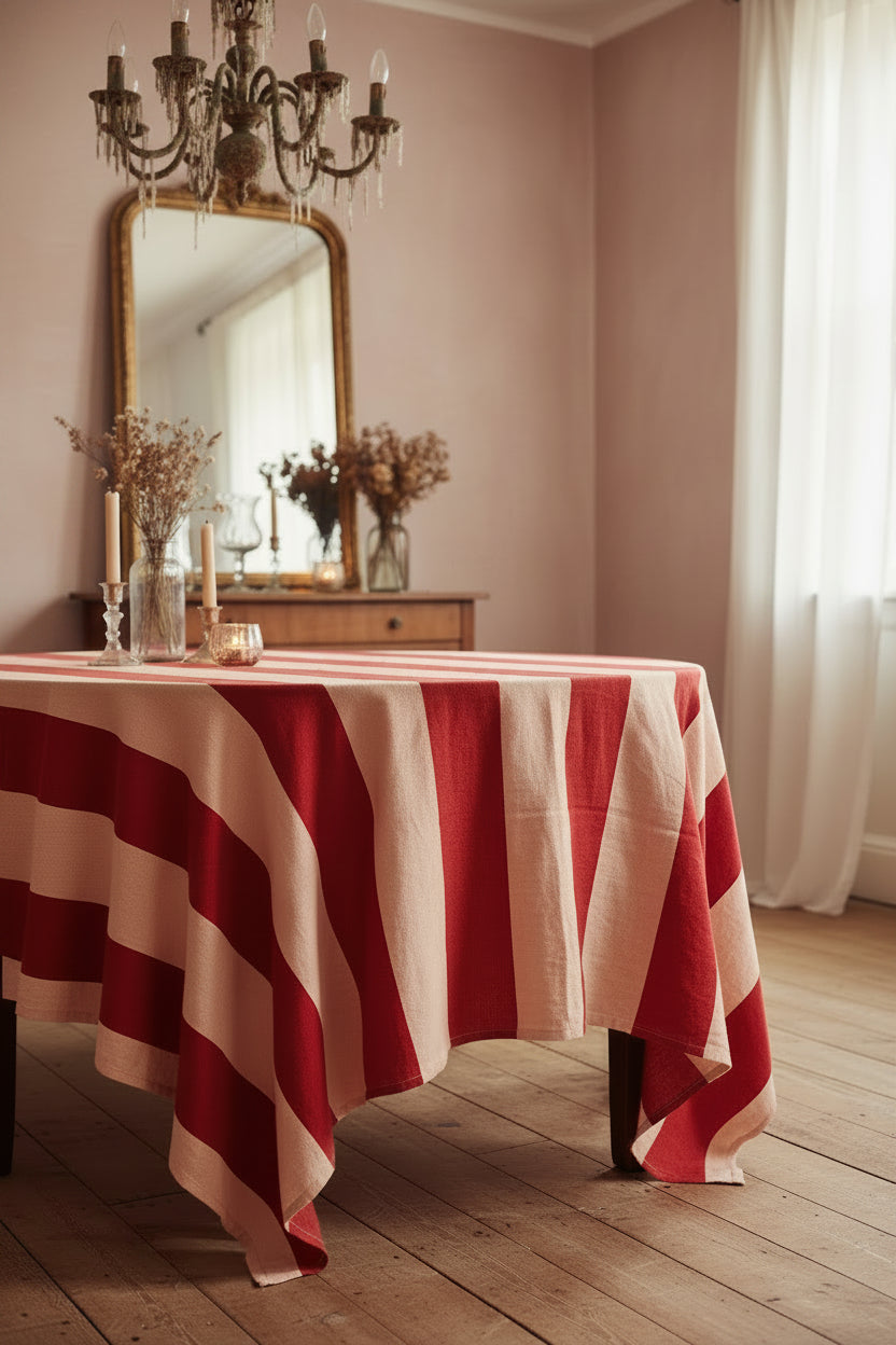 Peach and red cotton tablecloth in pale pink dining room with chandelier overhead