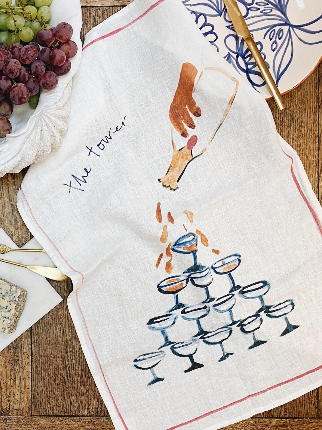 champagne tower linen tea towel