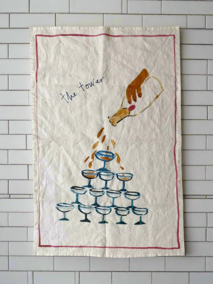 Stonewashed linen tea towel with hand-painted Champagne tower design