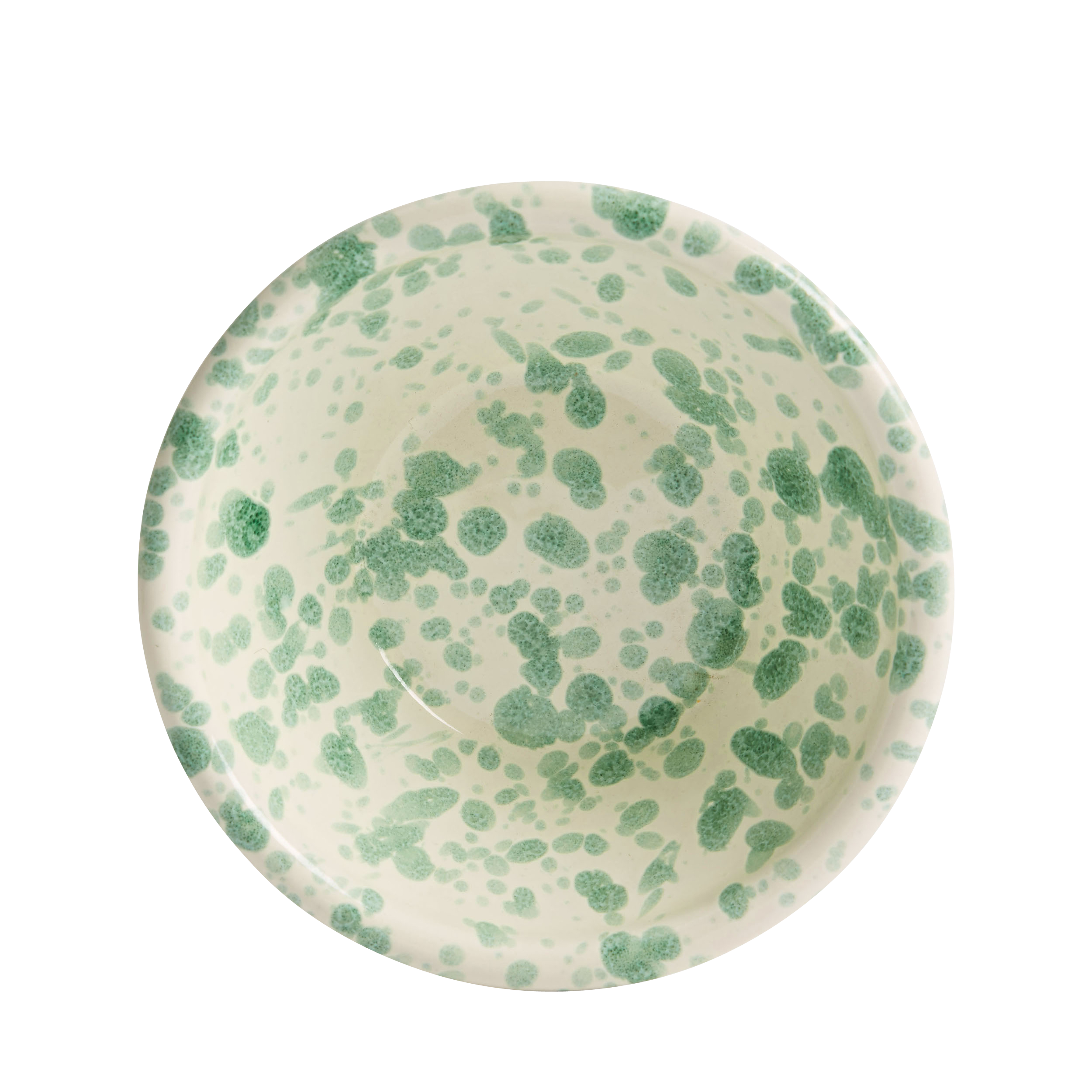 A small ceramic bowl with a green splatter paint finish on a white background.