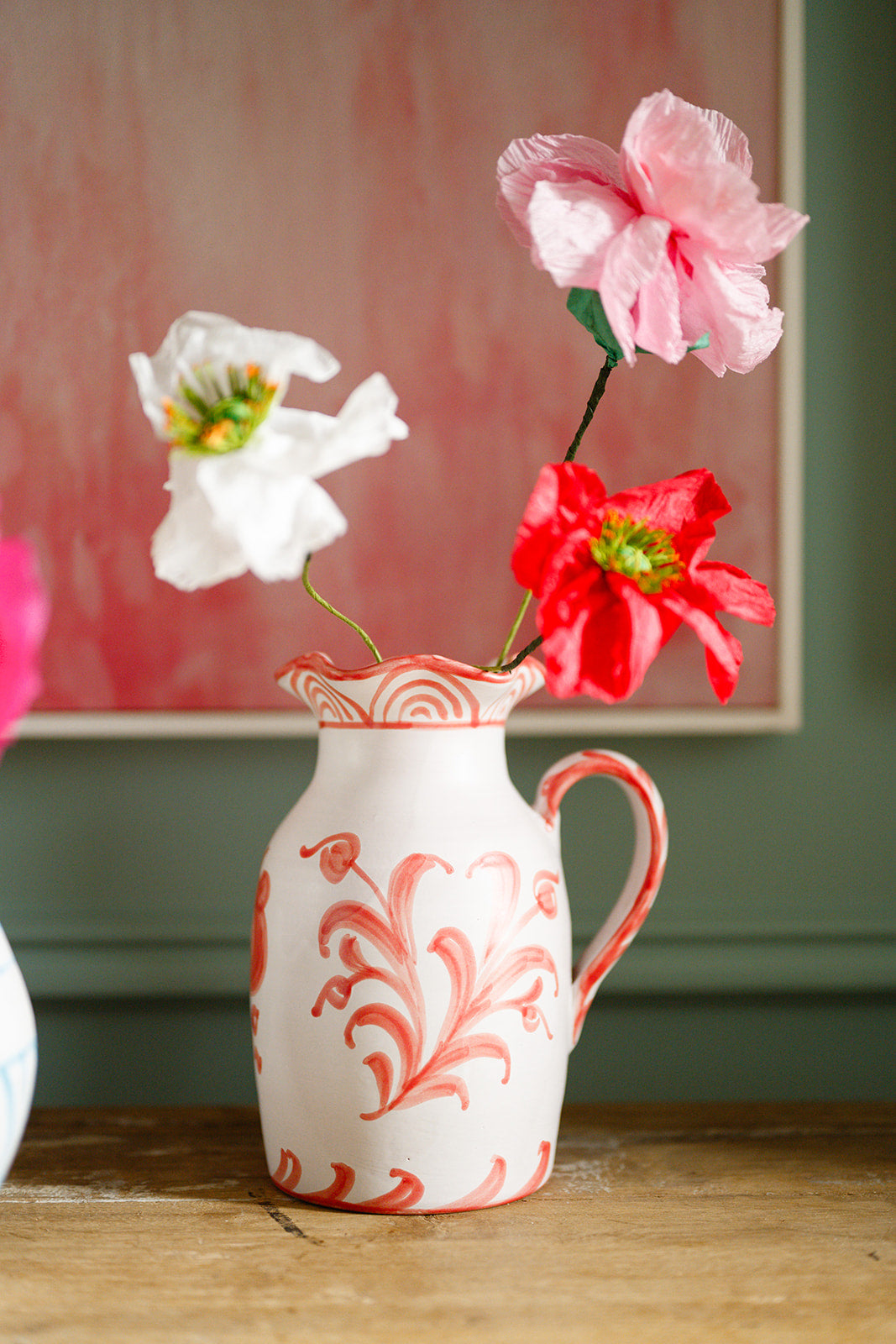 hand painted scallop neck pitcher in coral