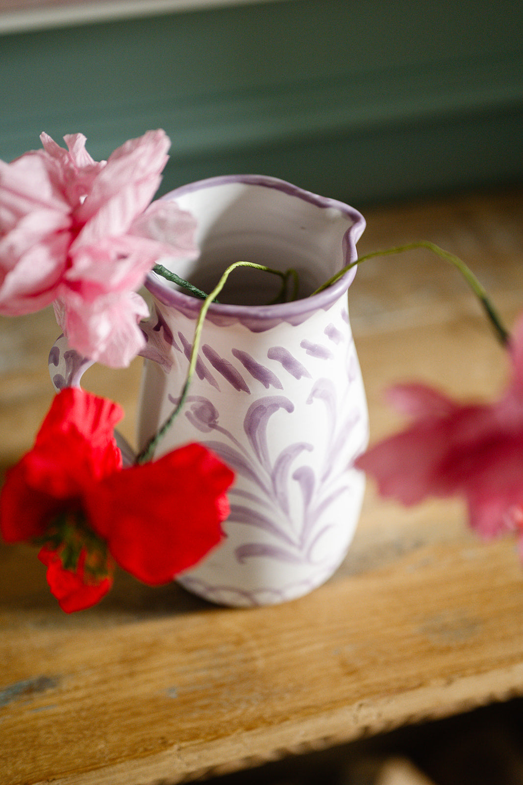handmade Spanish ceramic pitcher with lilac motif