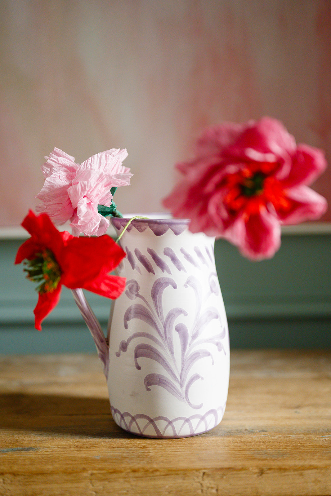 hand painted Spanish ceramic pitcher with lilac motif