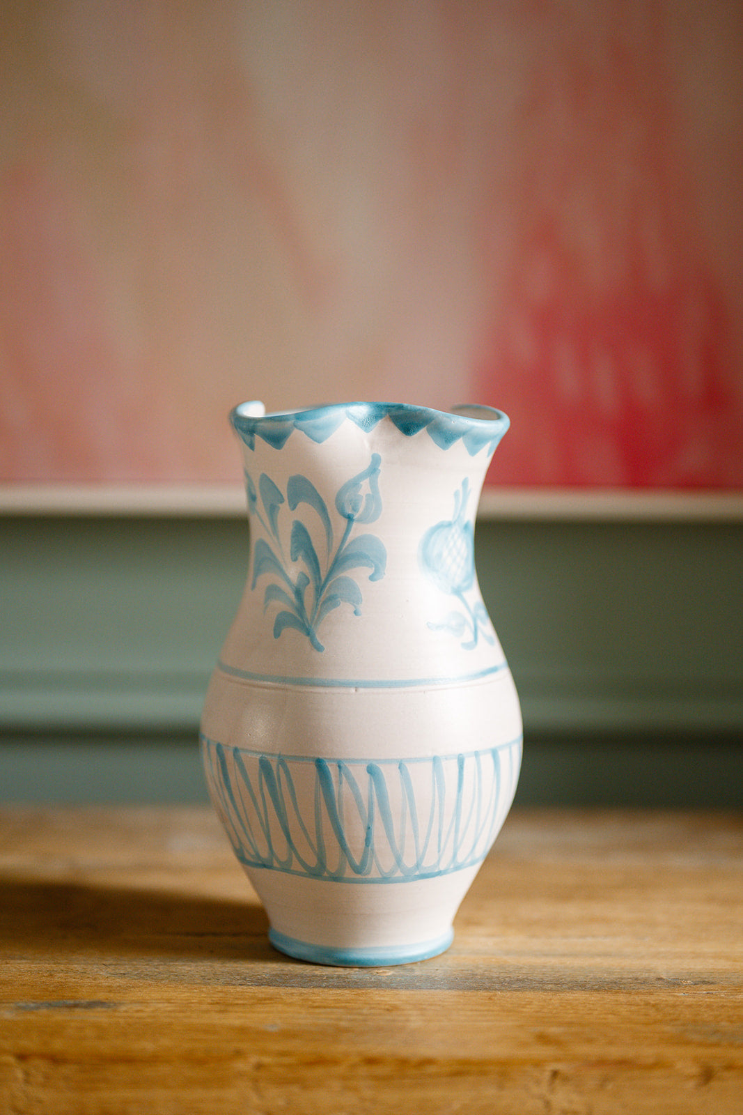 Hand painted Spanish ceramic vase with scallop neck and turquoise motif