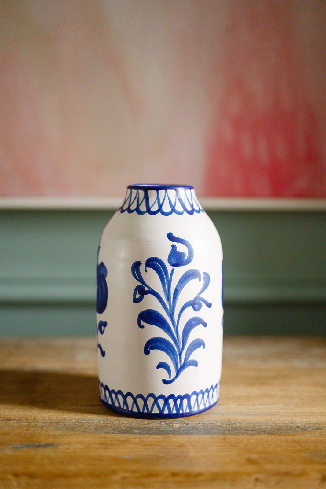 Hand painted Spanish ceramic vase with cobalt blue motif