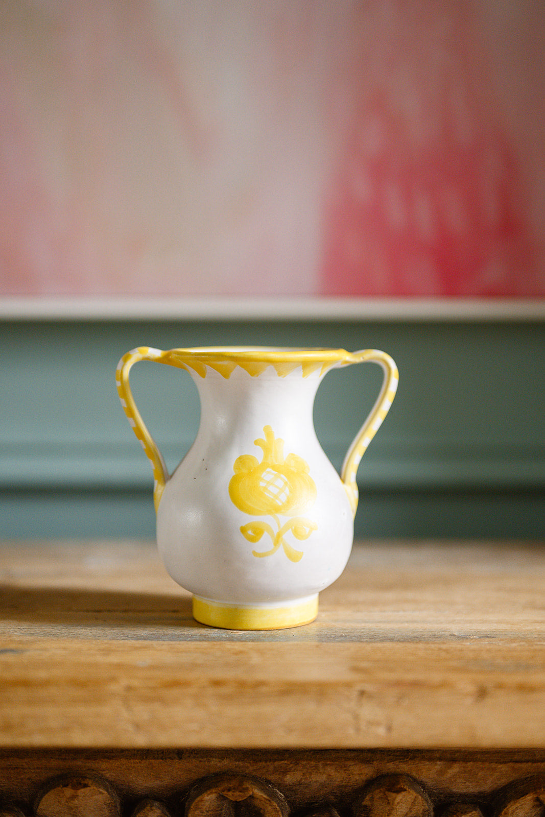Hand-painted Spanish ceramic vase with handles and yellow motif