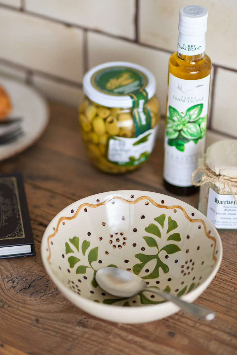 Handpainted ivory bowl with green and ochre tones on wood surface next to condiments