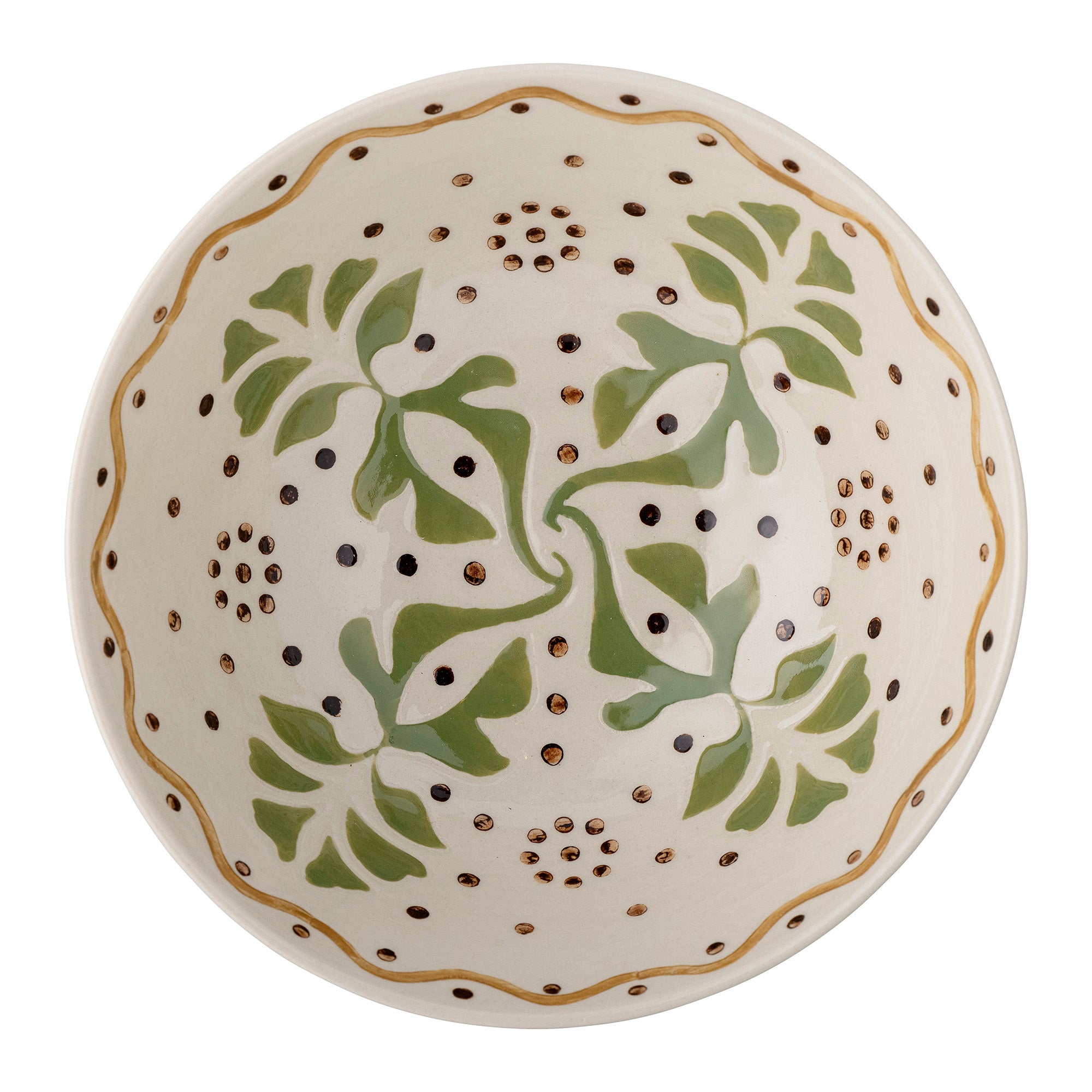 Aerial view of Handpainted ivory bowl with green and ochre tones on white background
