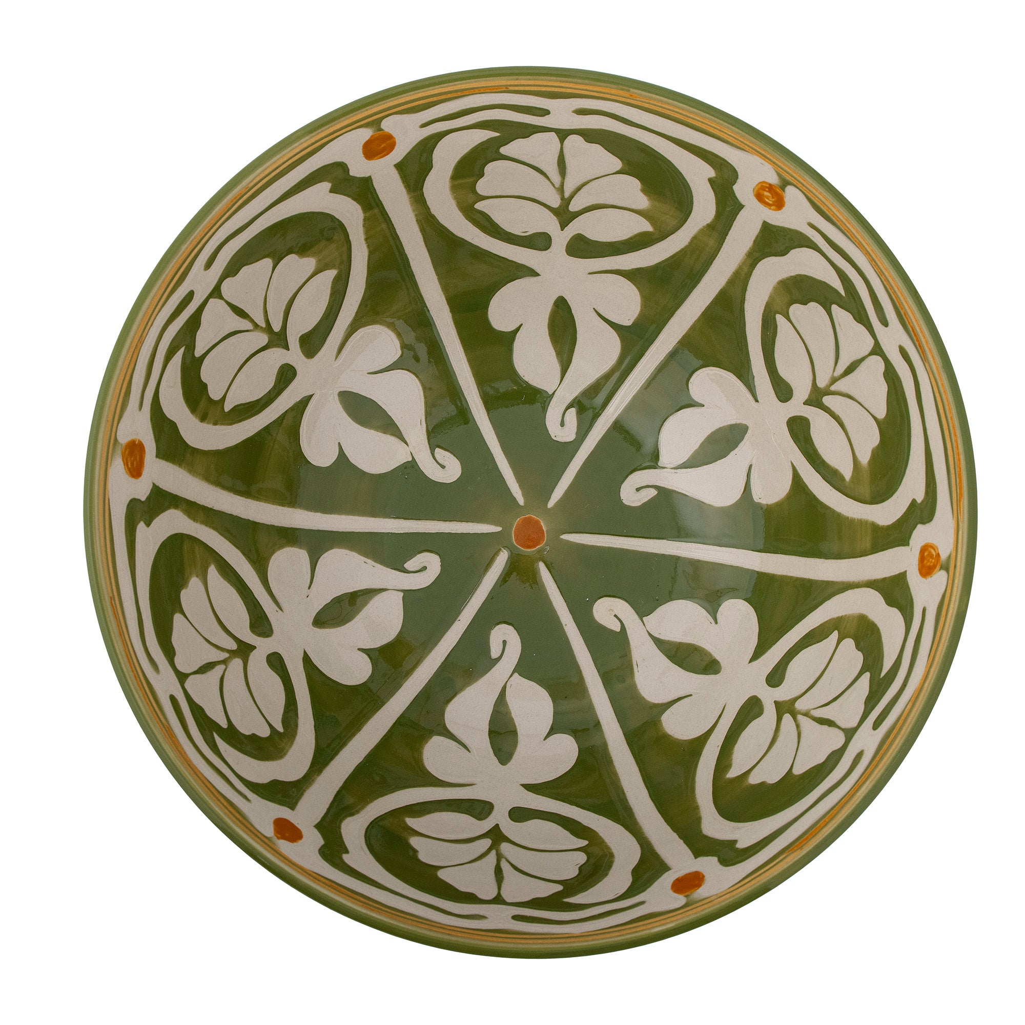 Hand-painted stoneware bowl with green and ochre tones, featuring a floral pattern design.