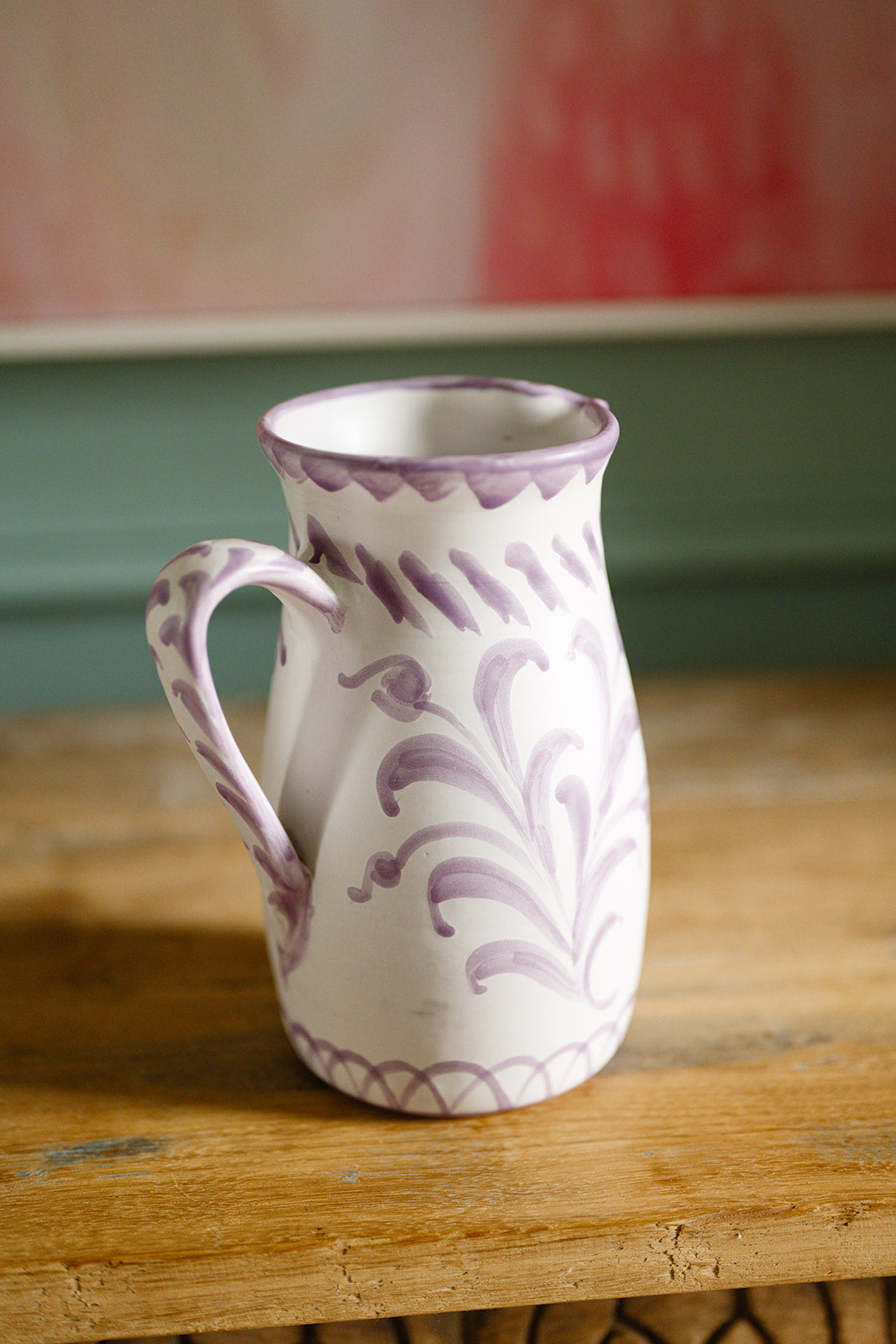 hand painted Spanish ceramic pitcher with lilac motif