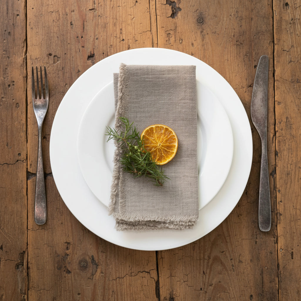 Overhead view of a place setting with a white dinner plate and gold cutlery with natural linen napkin with fringes folded with a sprig of rosemary and slice of dried orange