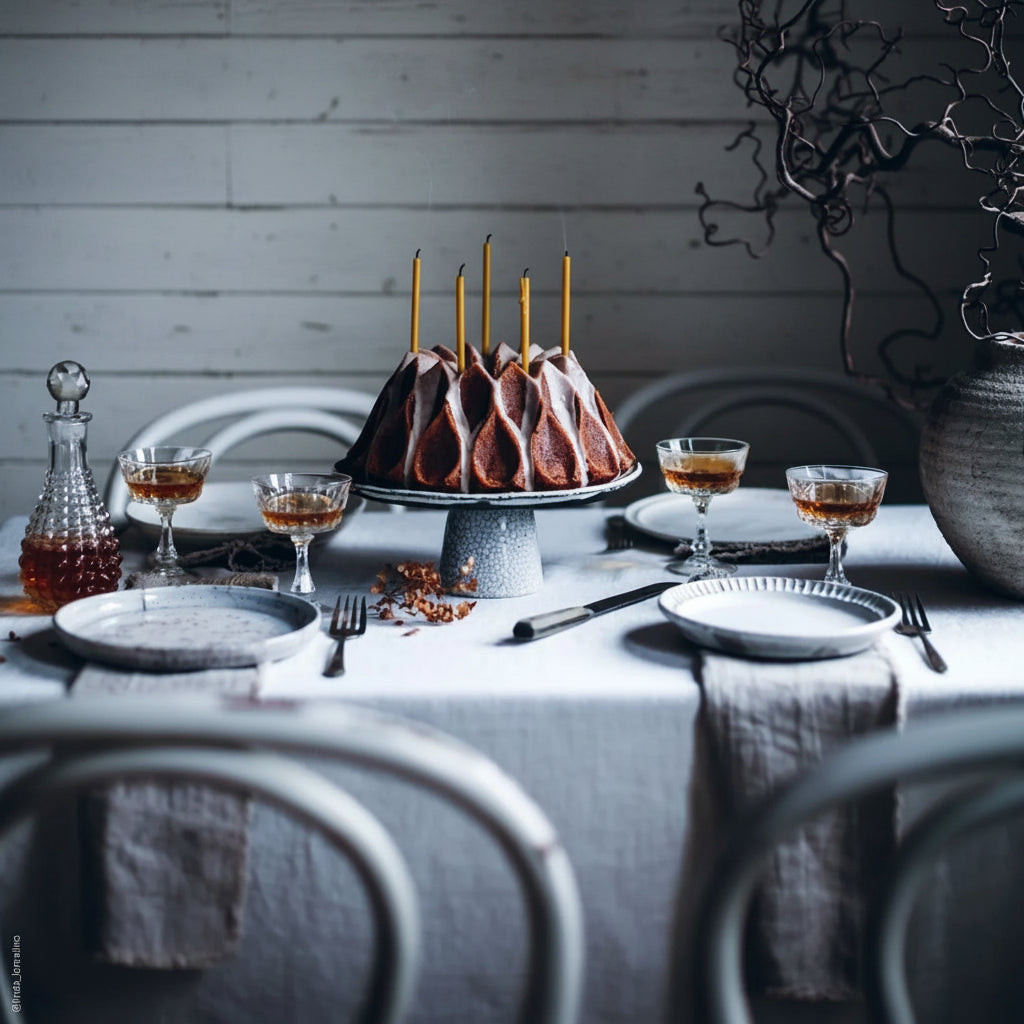 View of a tablescape with moody grey and beige colour palette; vase with twisted willow branches, a cake on top of a cake stand with ochre candles, 4 place settings with natural linen napkins with fringes and textured white plates and glassware. 