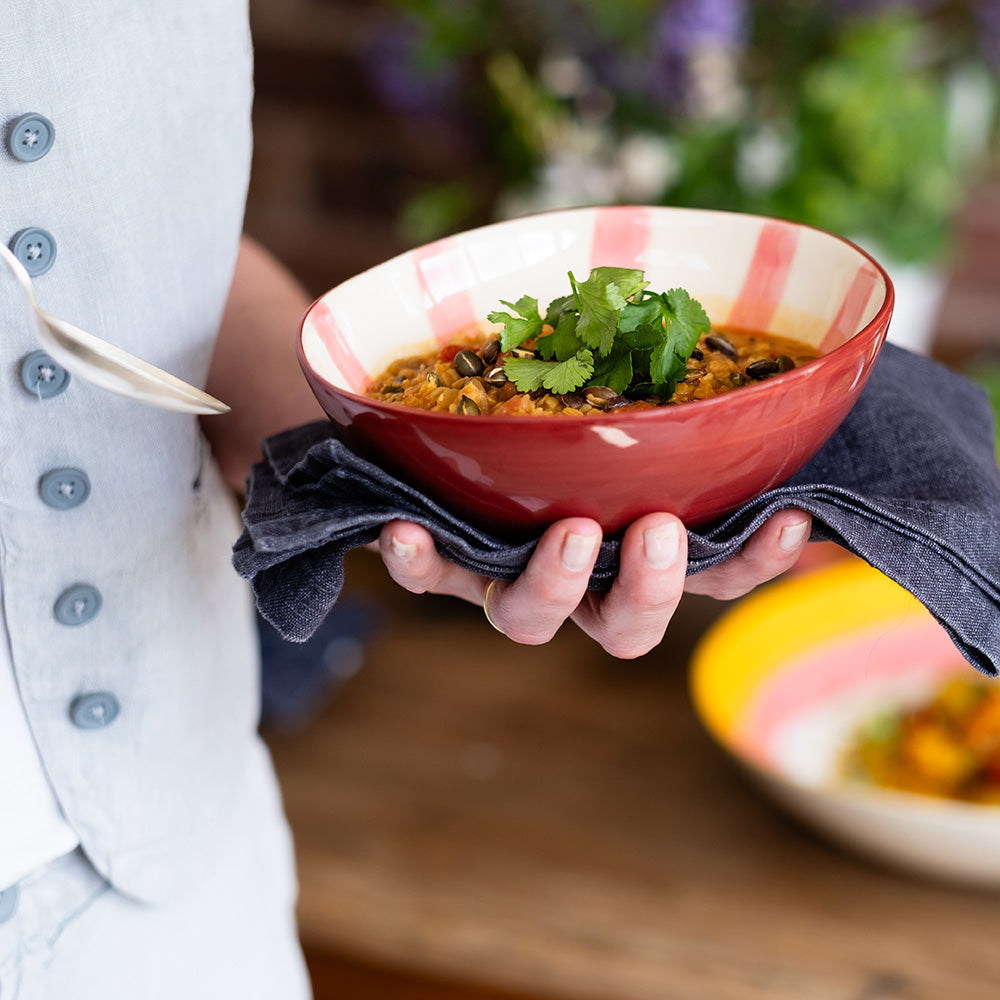 paprika coloured bowl with striped interior