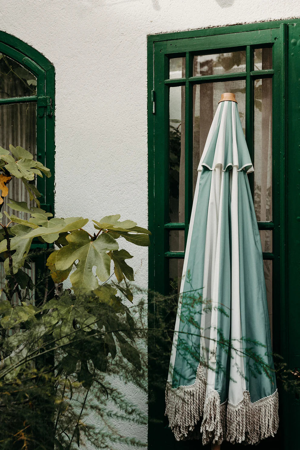 Large Vintage Striped Parasol with Fringe, Pistachio