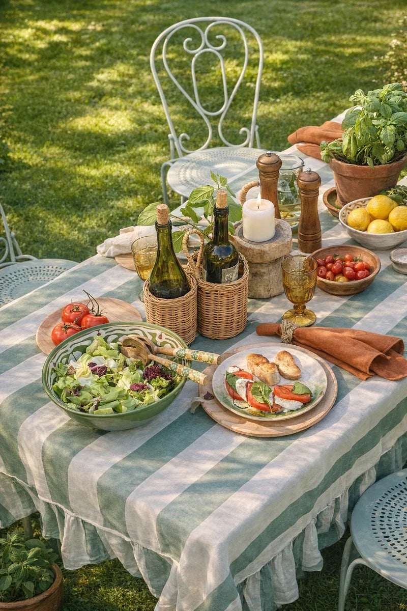 Sage Green Wide Stripe Linen Ruffle Tablecloth, Amuse La Bouche