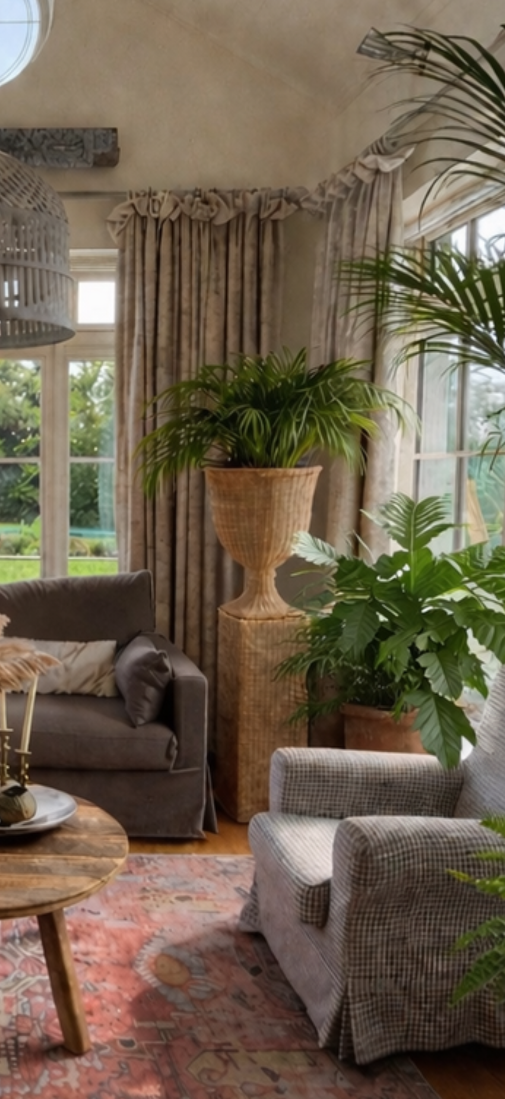 Living room with gray sofa, armchair, and decorative plants.