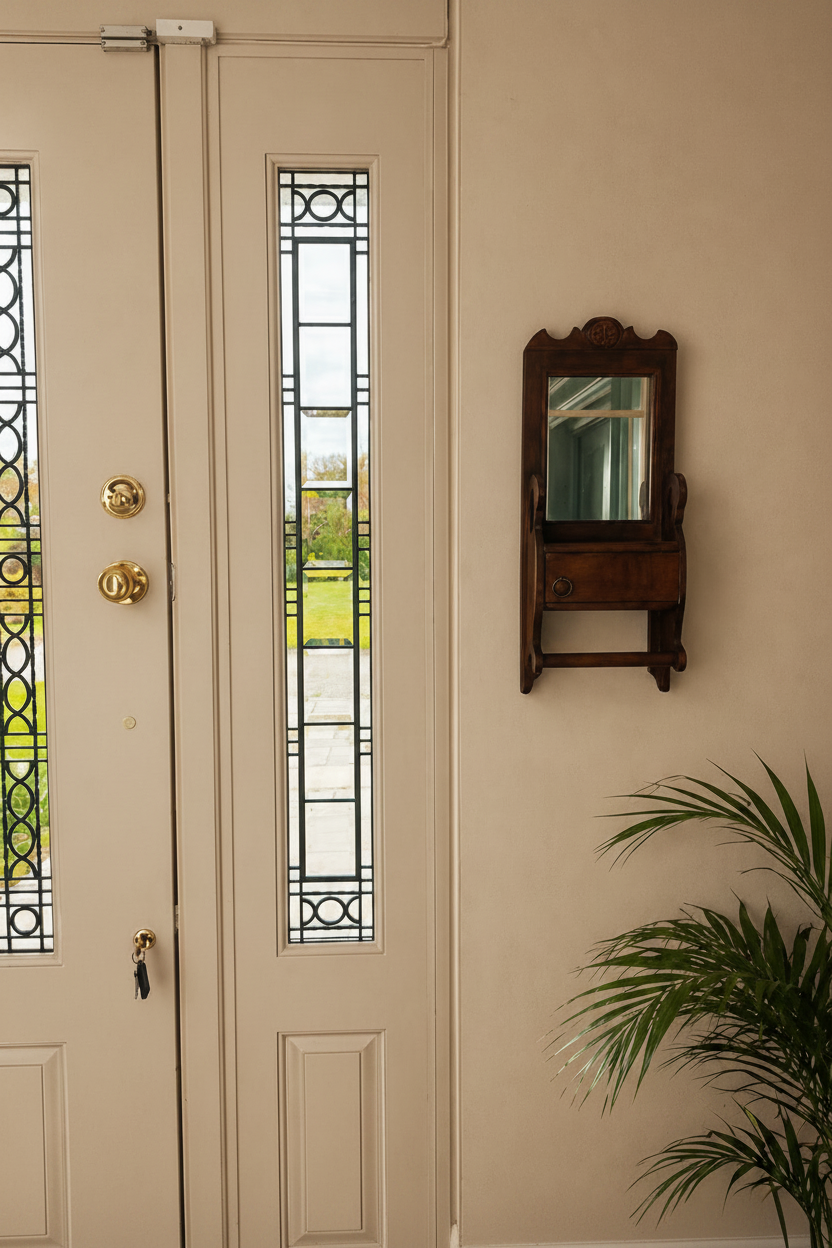 Little wood mirror cabinet on chalky pink wall next to a front door with wrought iron detailing
