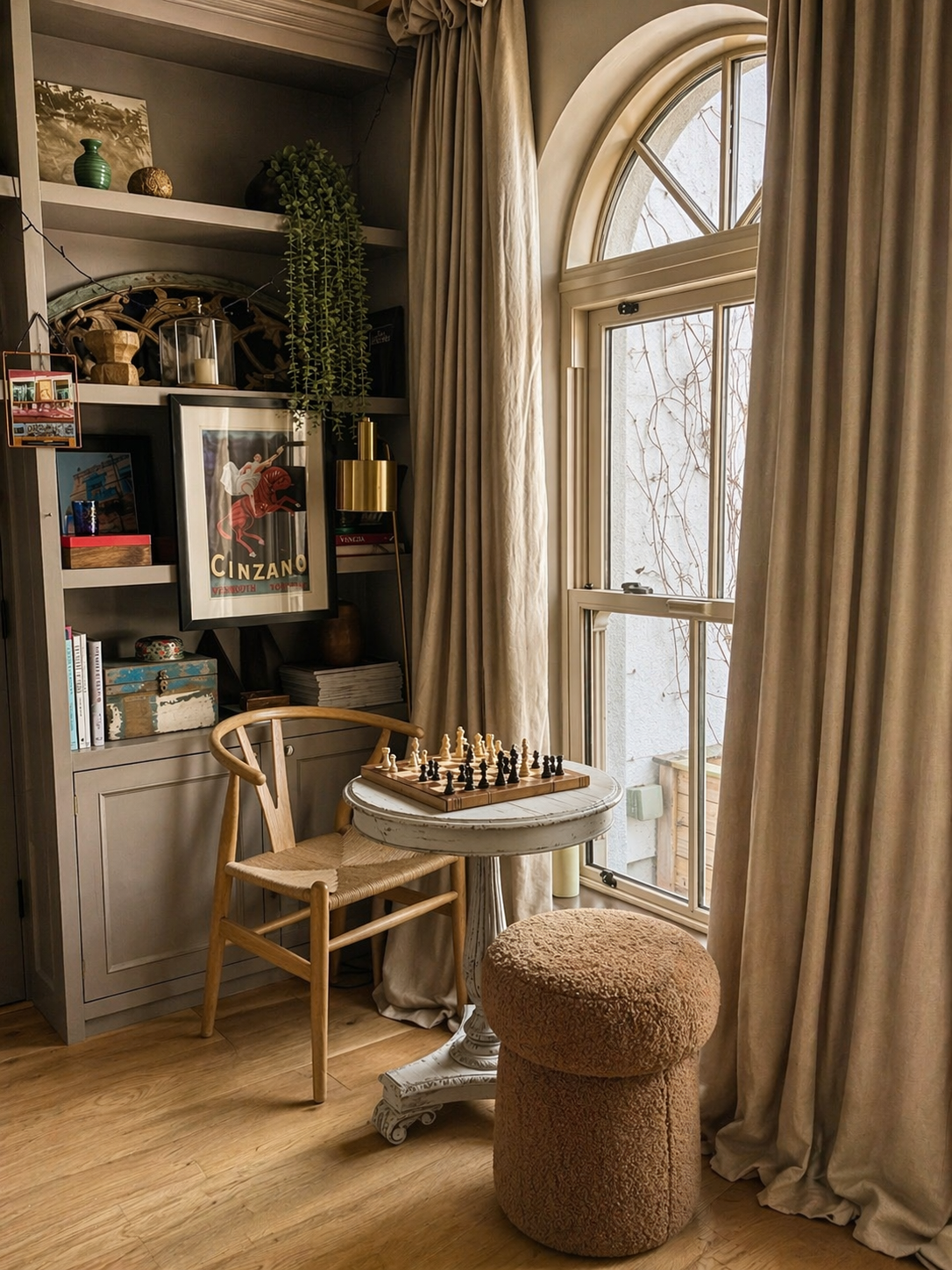 Cosy brown living room with chess table set up in front of an arched window with linen curtains, a rustic pedestal table and rust boucle stool with bookshelves, vintage posters and a trailing plant in the background.
