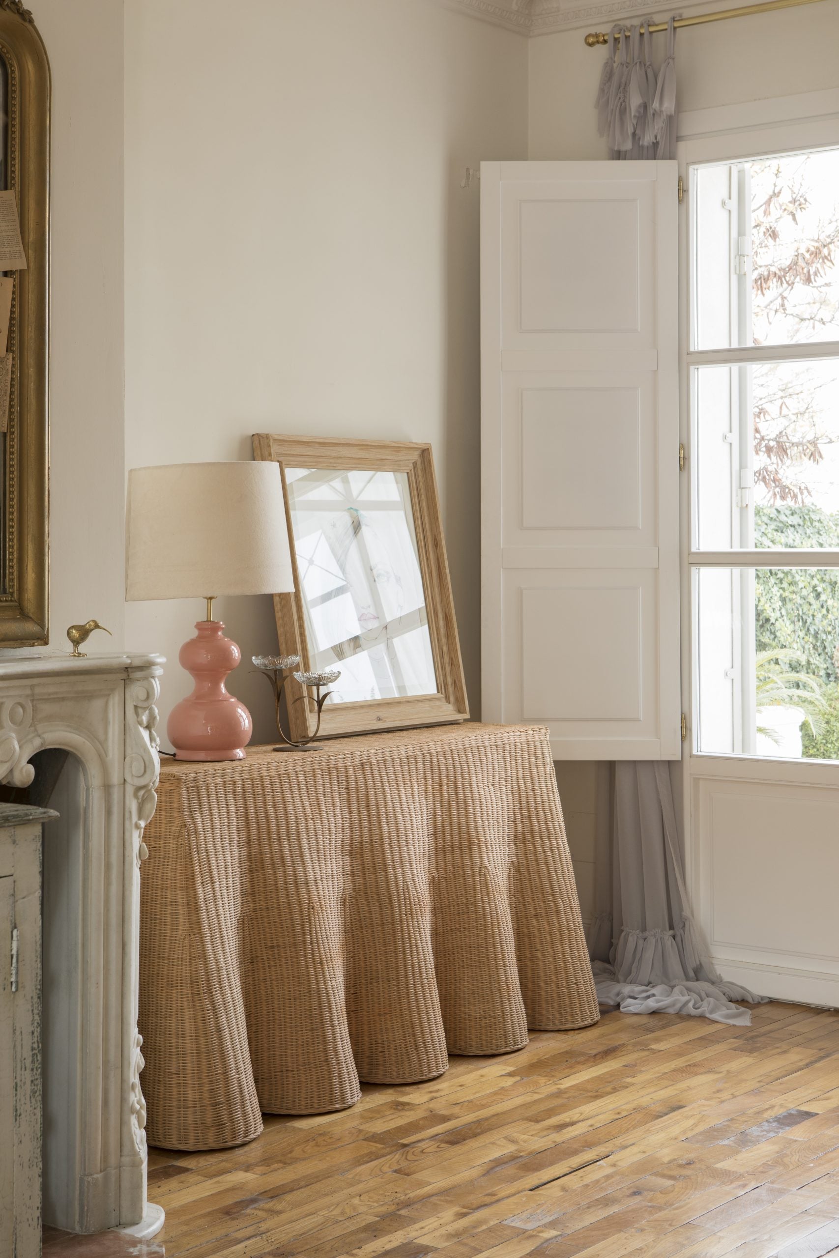 Scalloped Rattan Console Table
