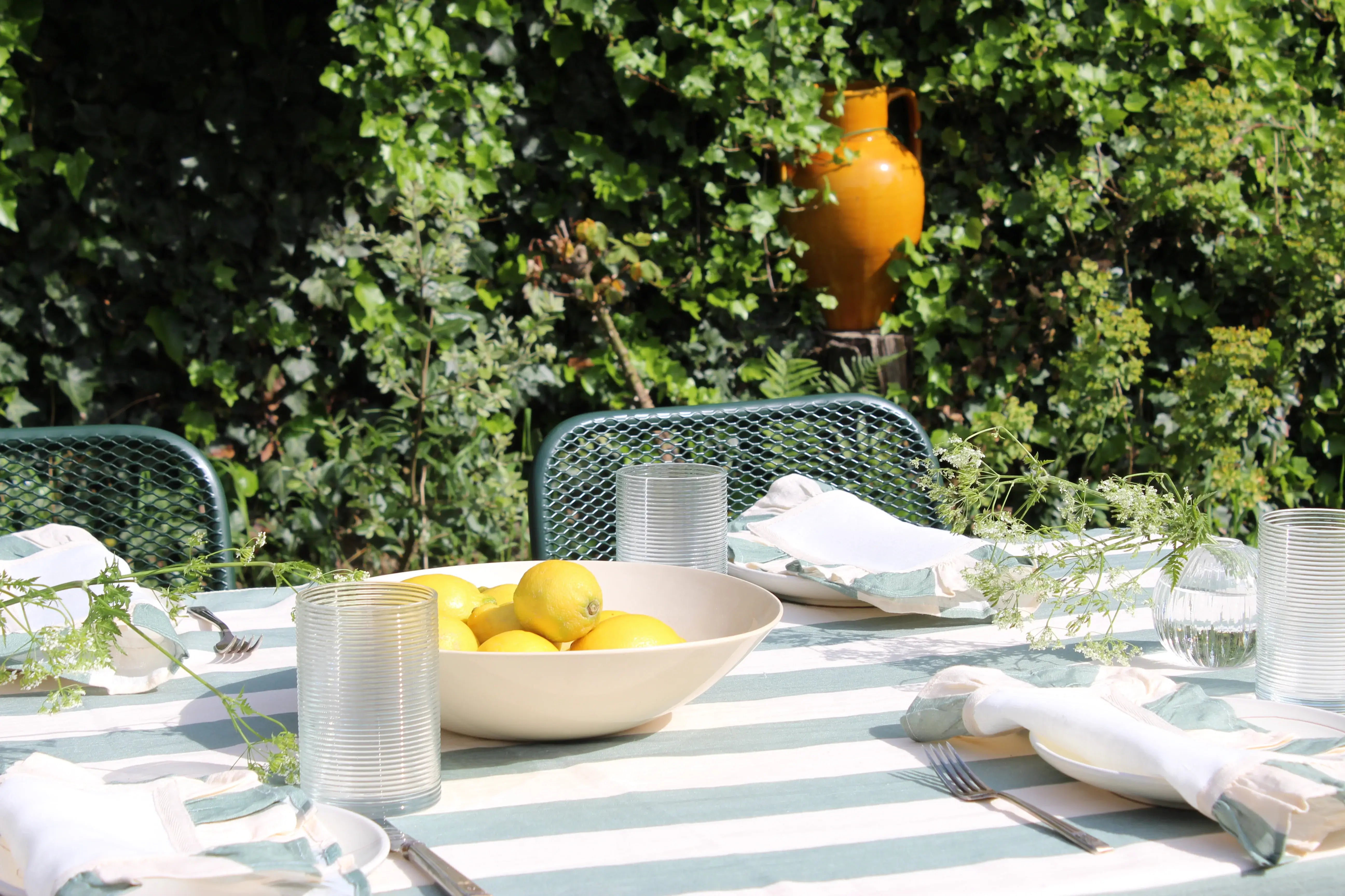 sea green wide stripe linen ruffle tablecloth, amuse la bouche