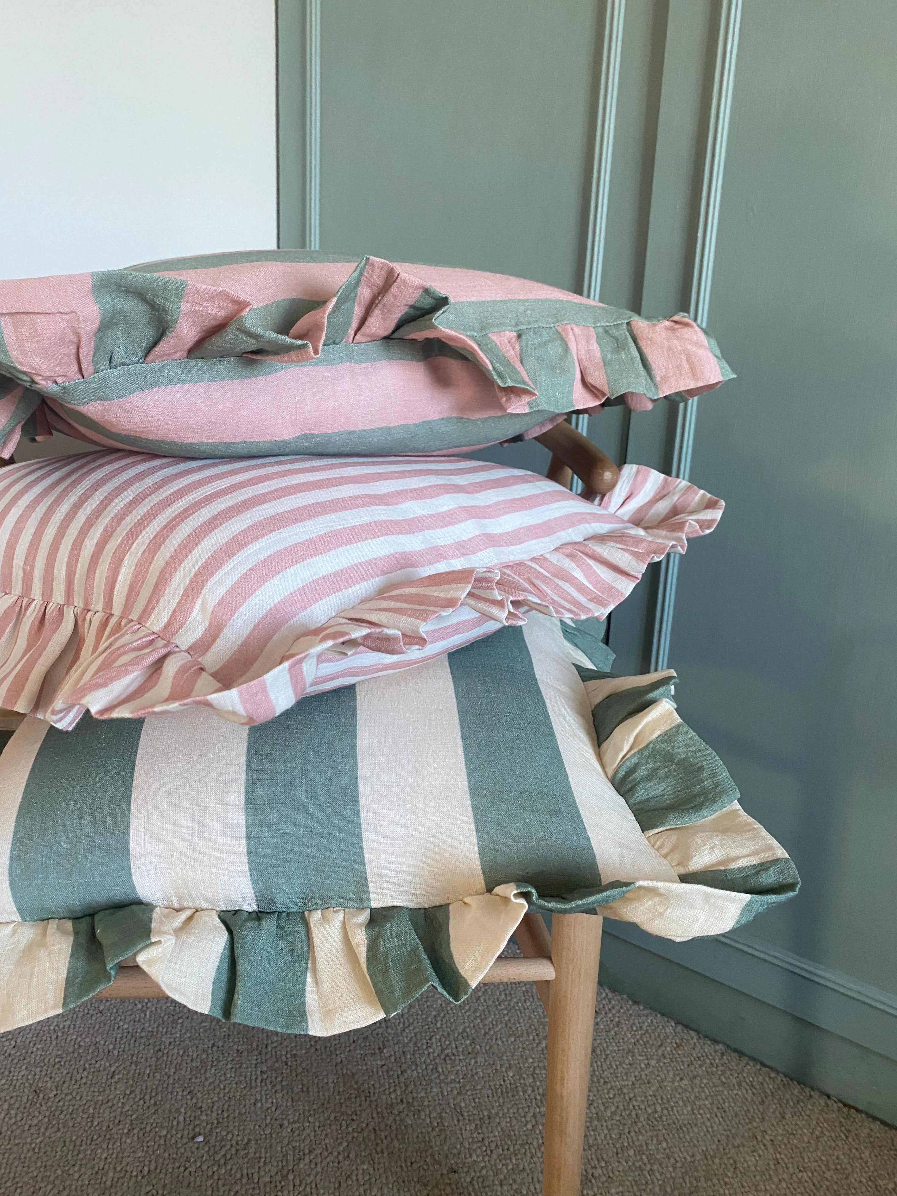 Linen stripe ruffle cushion cover, Amuse La Bouche
