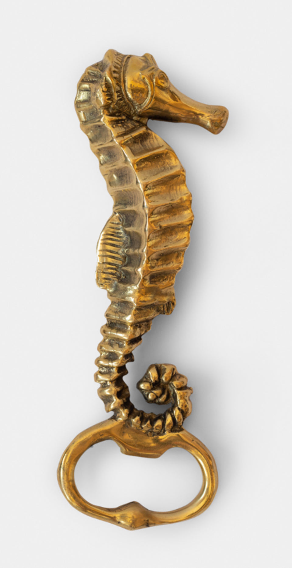 Gold seahorse bottle opener on a white background