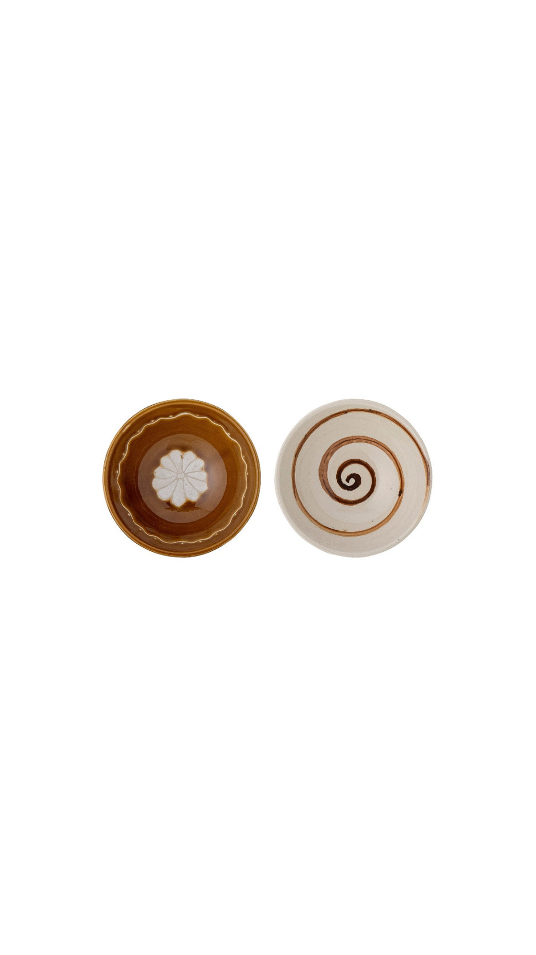 Aerial view of Brown and ream handpainted bowls on white background