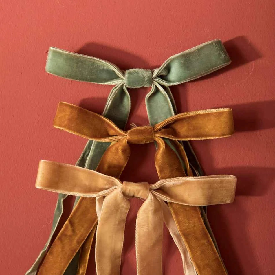 Set of 12 Velvet Bows, Dusty Blue, Gold and Caramel