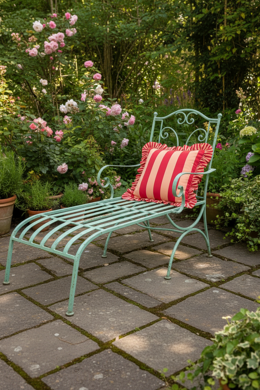 Antique french metal sun lounger with vibrant red and peach striped ruffled cushion on a country style patio with roses and greenery around it